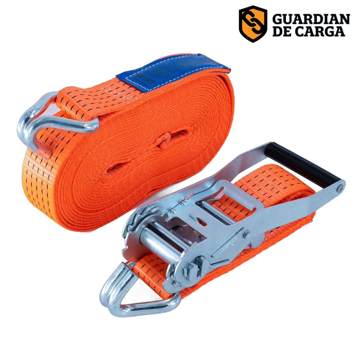 Cincha de amarre 50 mm × 10 m STF 350 daN con tensor de trinquete y ganchos — Guardian de Carga